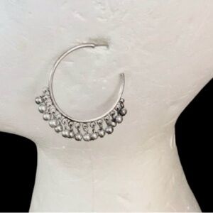 Silver Tone Bead Fringe Hoop Earrings